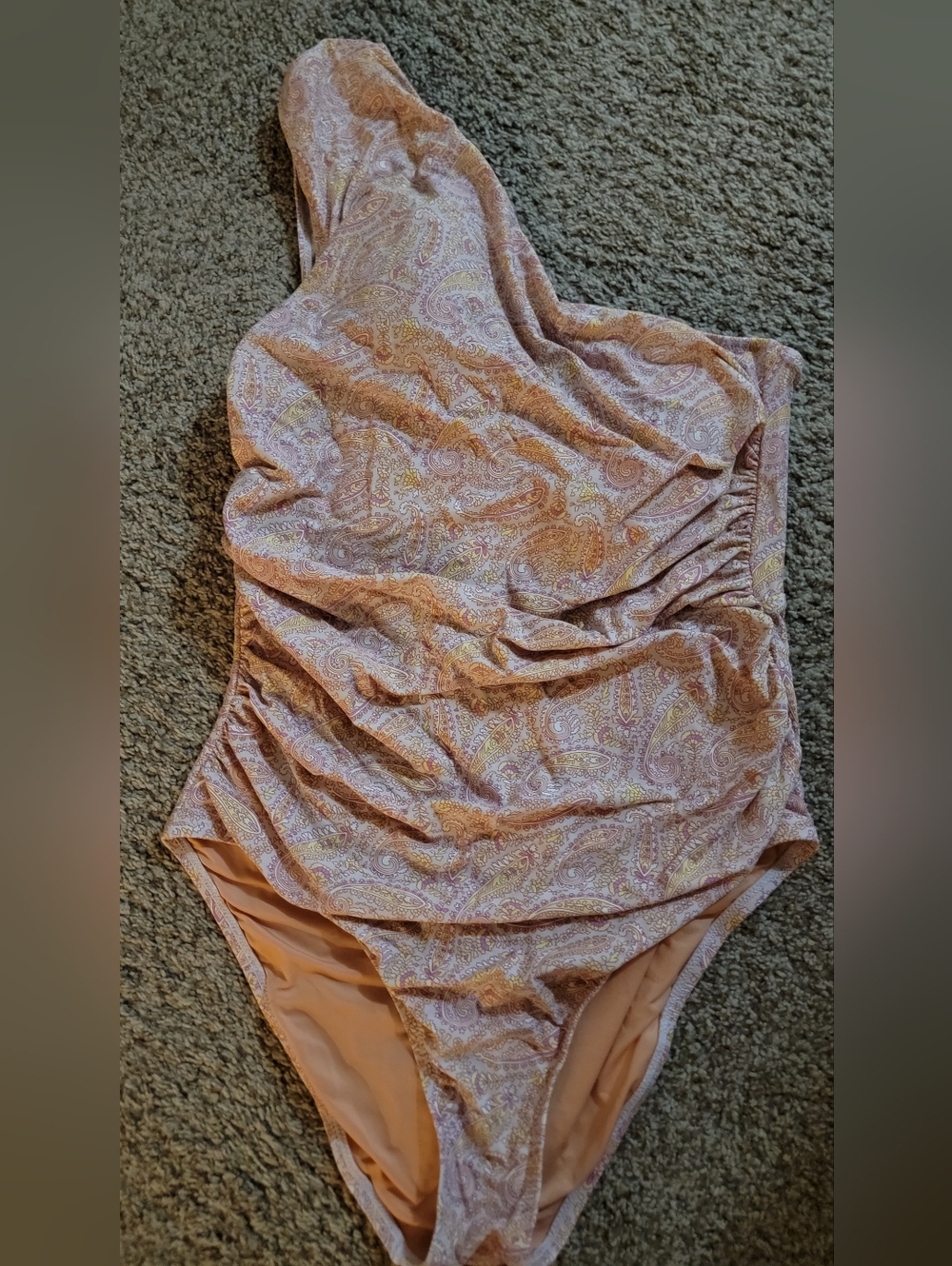 J. Crew One-Shoulder Paisley One-Piece Swimsuit in lavender, peaches.